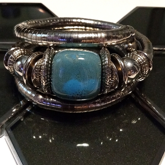 Vintage Bohemian Blue Cubed Big Silver Coil Wrap Around Dangle Bangle Bracelet - Picture 2 of 12